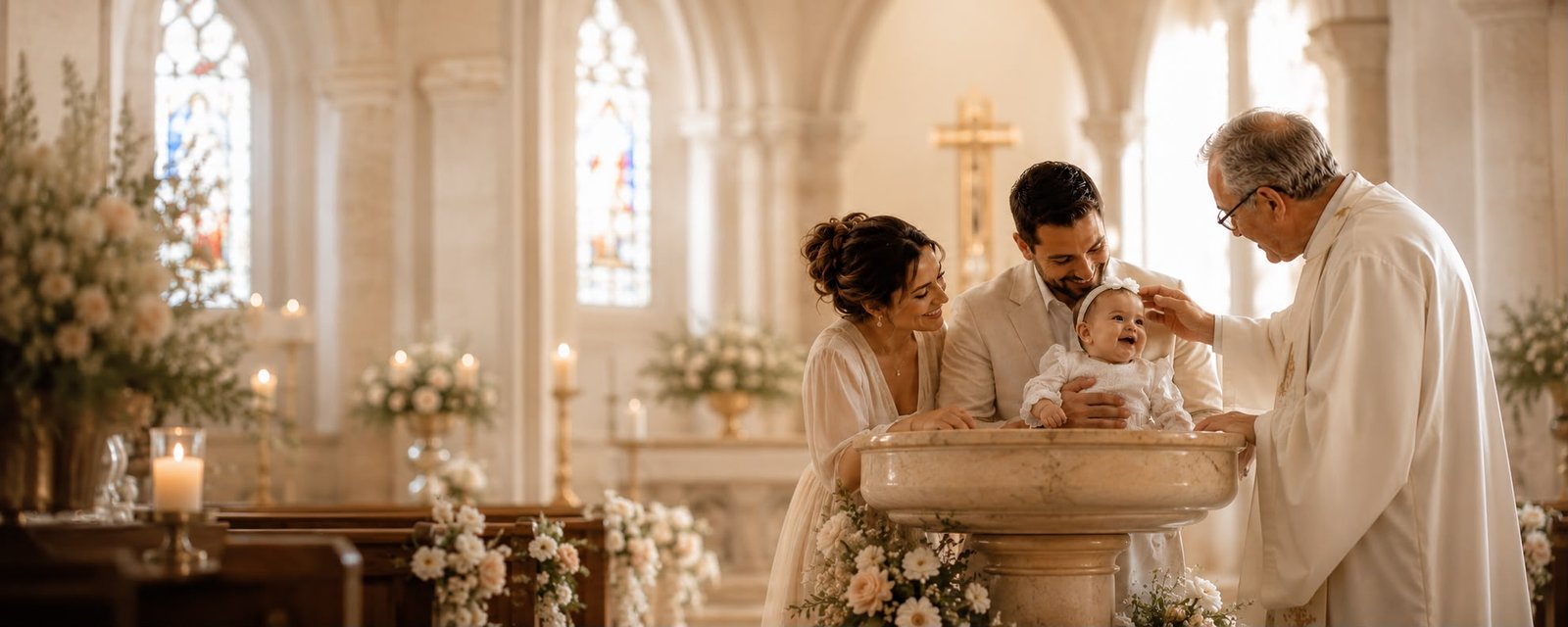 Cerimónia de batizado na pia batismal