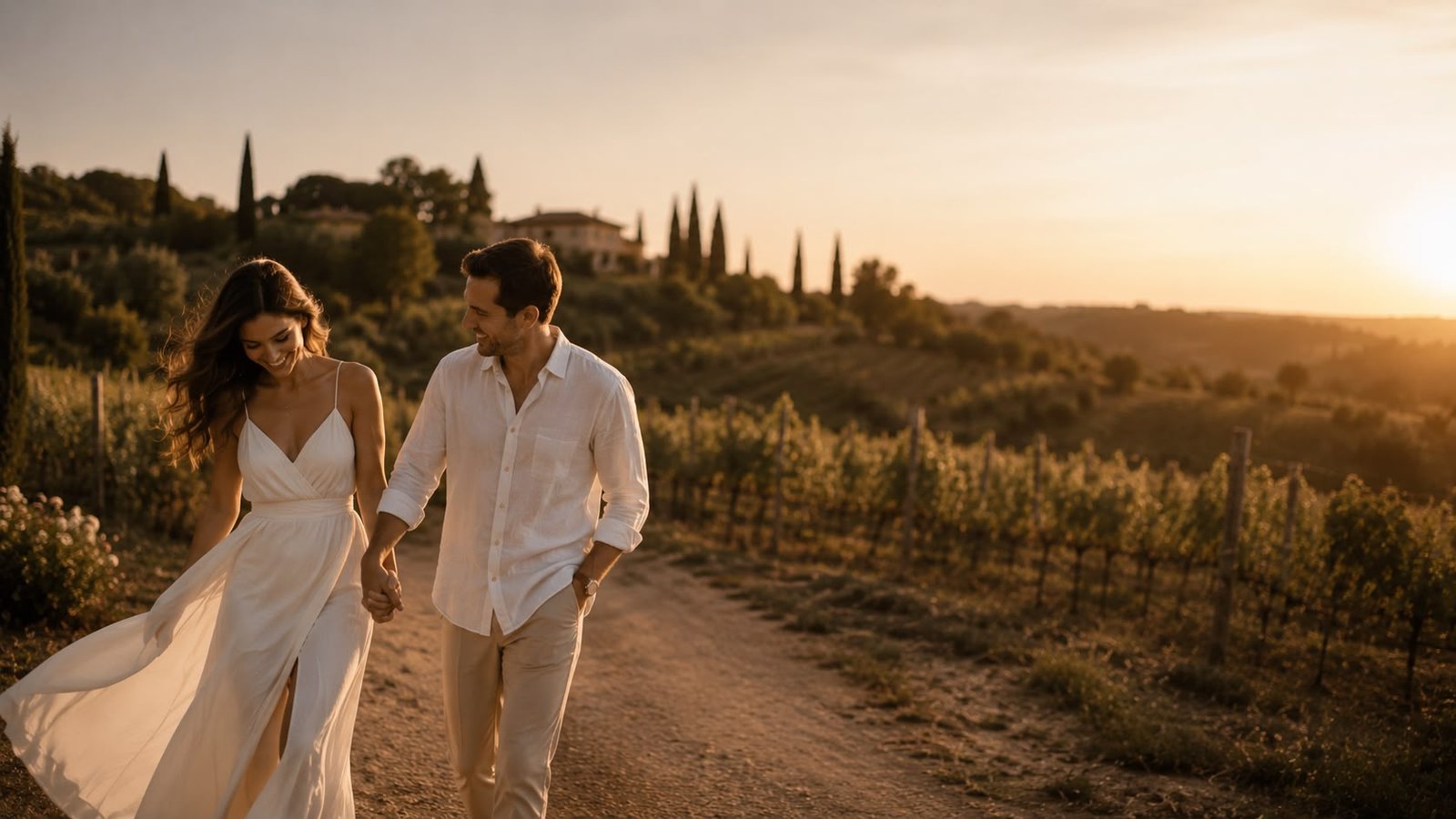 Casal caminhando ao pôr do sol no campo