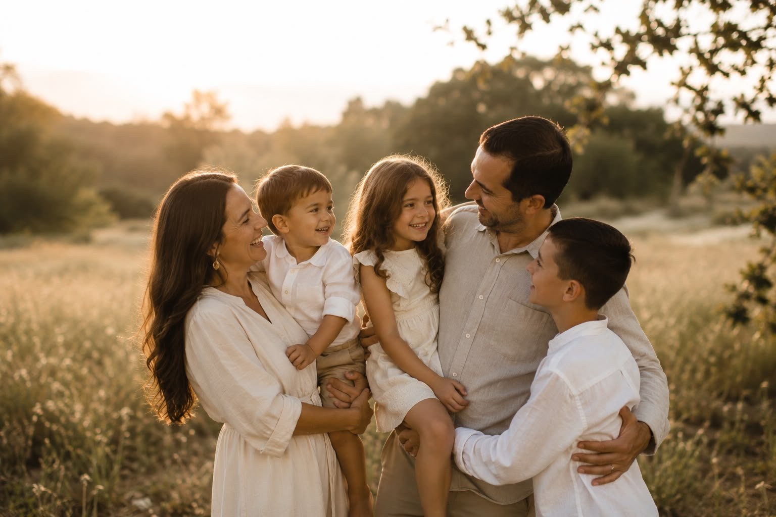 Família no campo ao pôr do sol