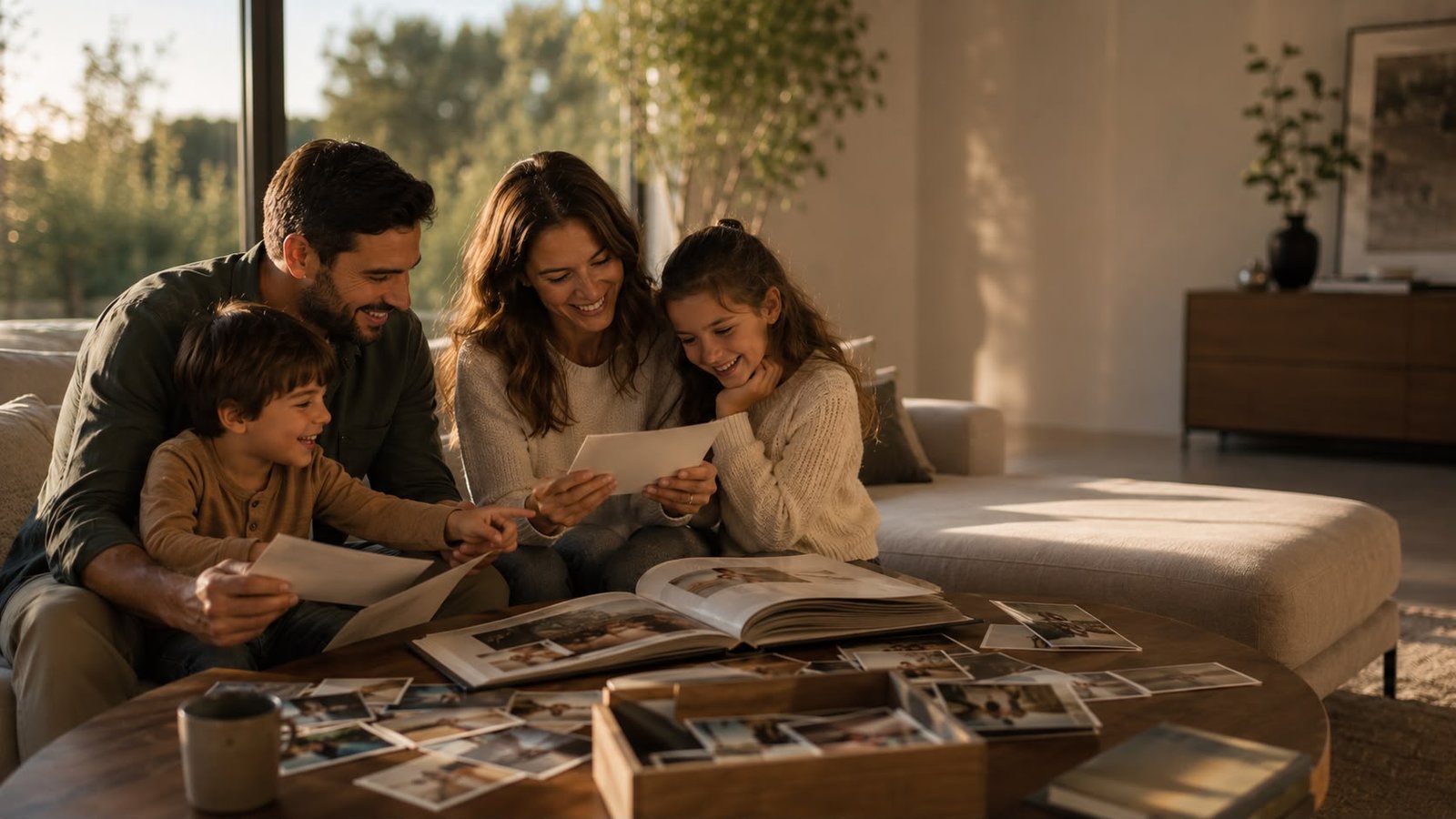 Família feliz a recordar memórias fotográficas em casa